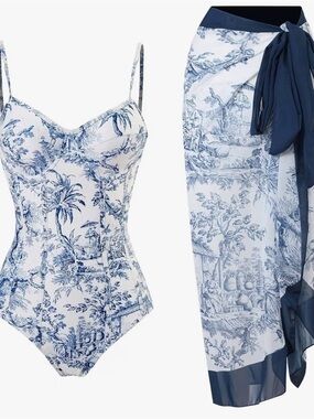 Blue Toile Print Women’s One-Piece Swimsuit and Sarong. Never worn!